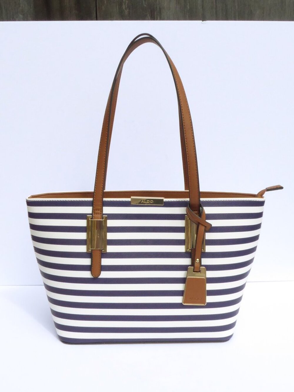 New without tags Aldo navy blue white striped brown faux leather medium tote bag